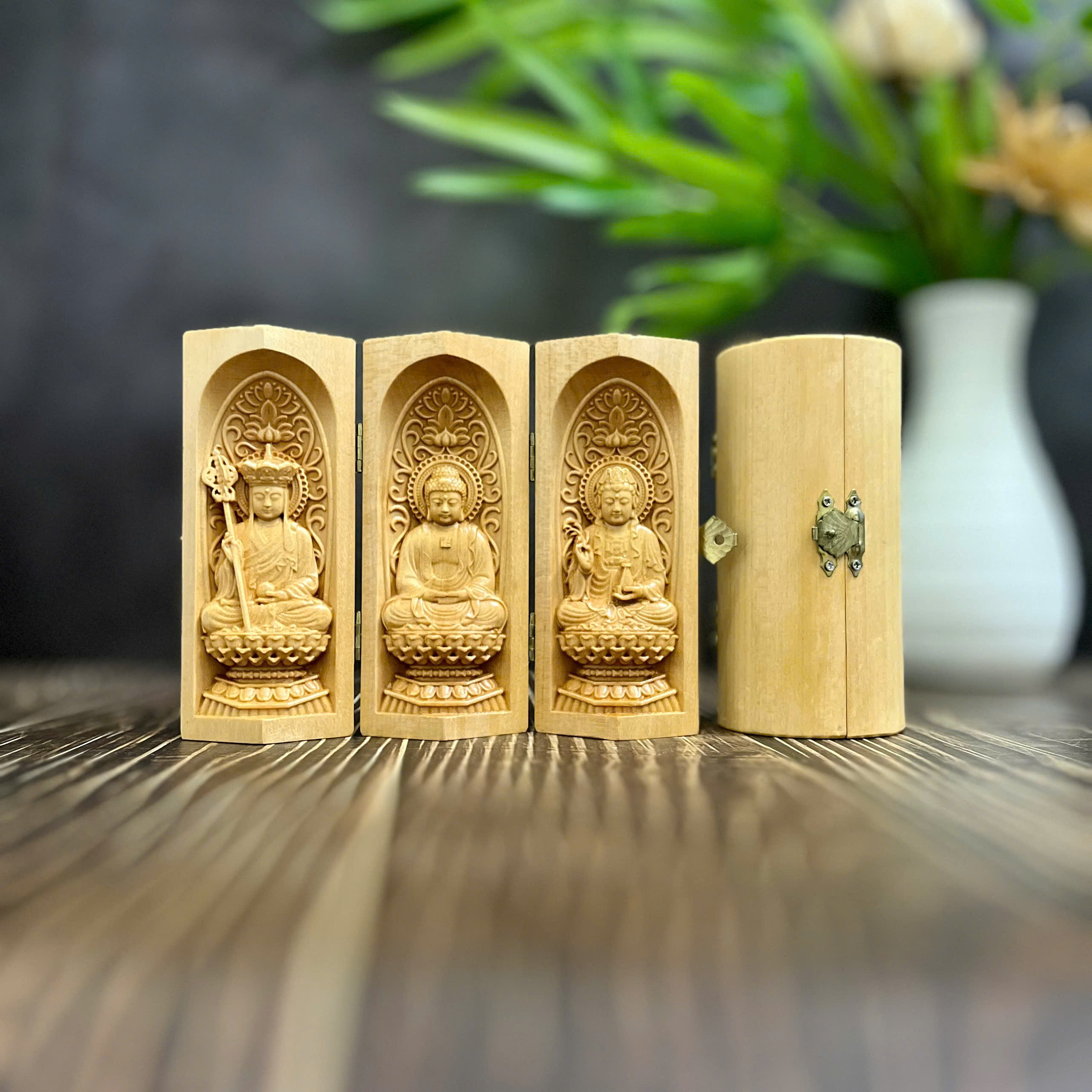 BỘ TƯỢNG ĐỊA TẠNG-PHẬT A DI ĐÀ-QUAN THẾ ÂM BỒ TÁT CAO 13CM, GỖ BỒ ĐỀ