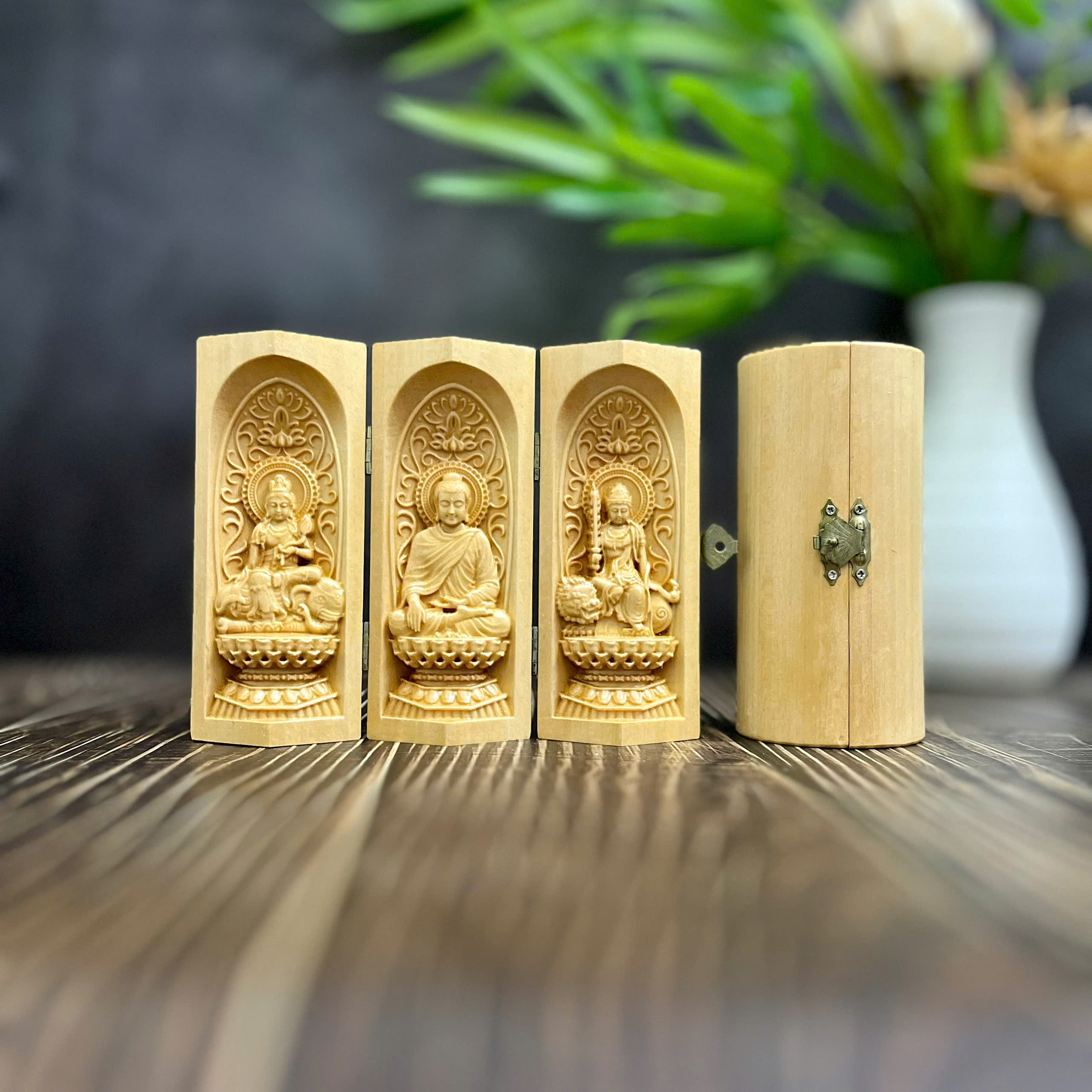 BỘ TƯỢNG PHỔ HIỀN BỒ TÁT-PHẬT THÍCH CA-VĂN THÙ BỒ TÁT, CAO 13CM, GỖ BỒ ĐỀ