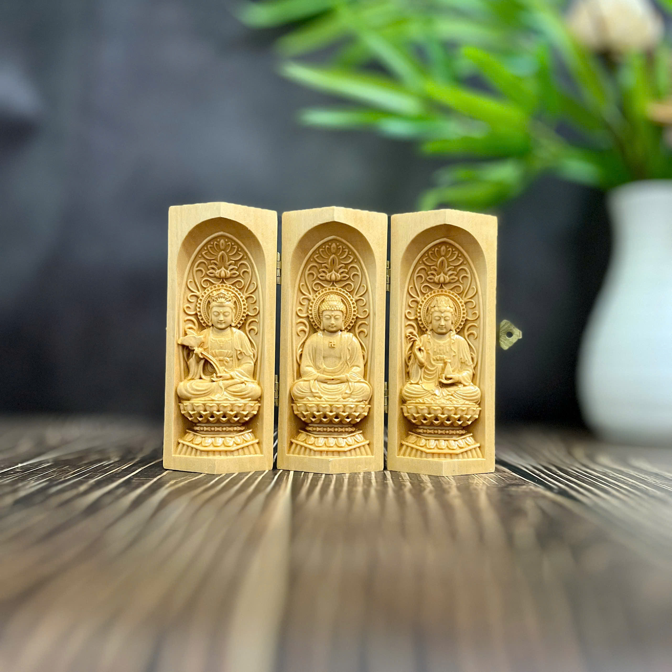 BỘ TƯỢNG TÂY PHƯƠNG TAM THÁNH NGỒI, CAO 13CM, GỖ BỒ ĐỀ