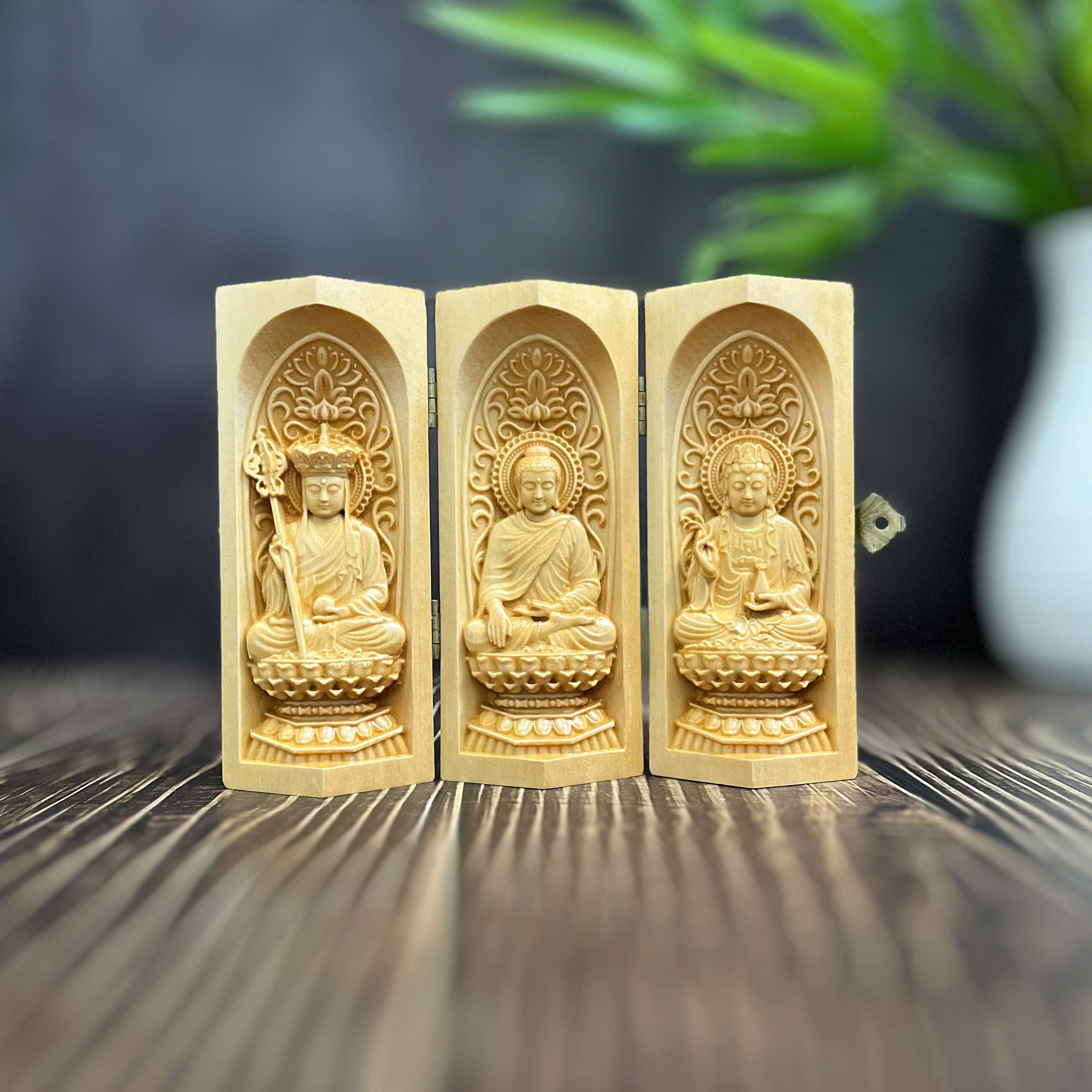 BỘ TƯỢNG ĐỊA TẠNG BỒ TÁT-PHẬT THÍCH CA-QUAN ÂM BỒ TÁT CAO 13CM, GỖ BỒ ĐỀ