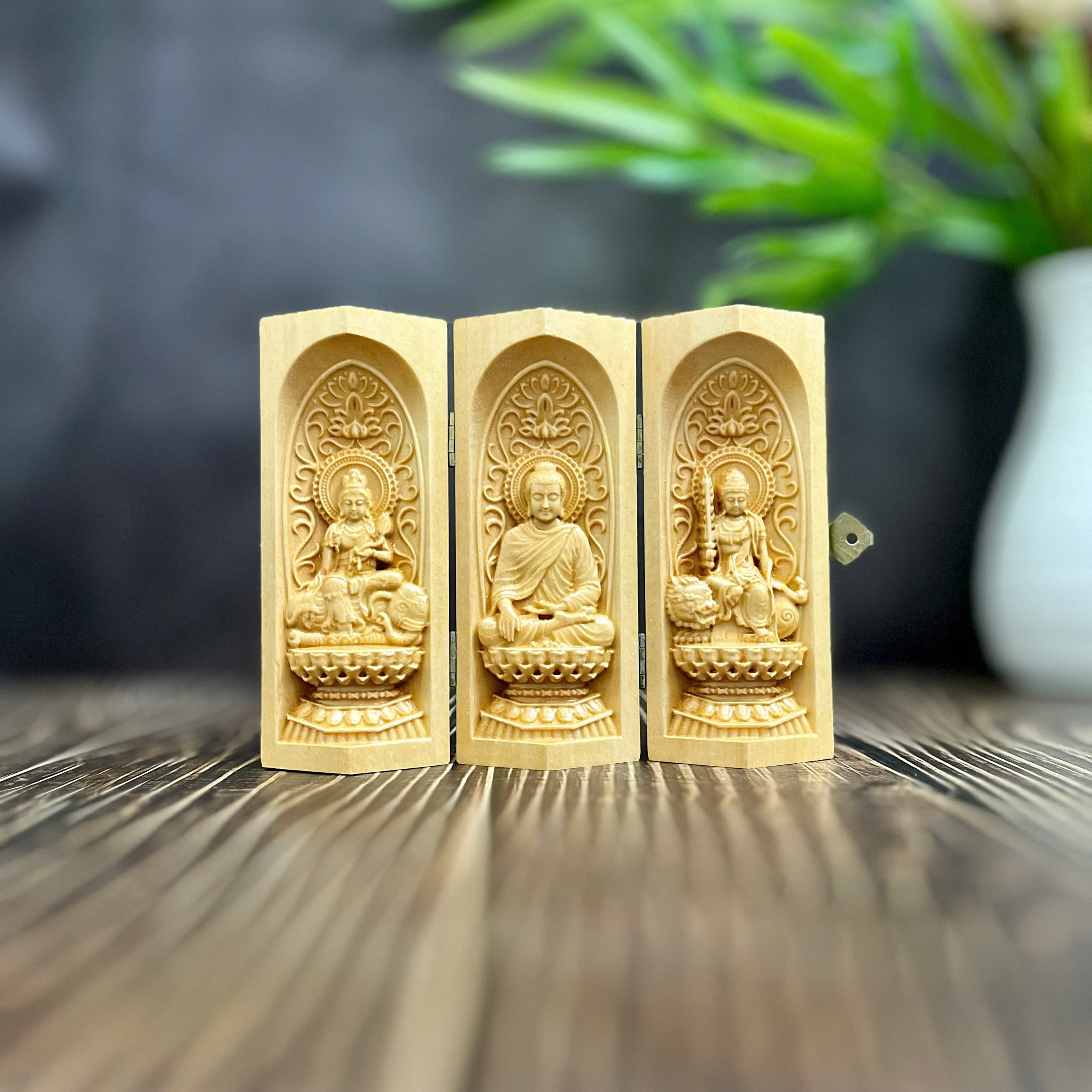 BỘ TƯỢNG PHỔ HIỀN BỒ TÁT-PHẬT THÍCH CA-VĂN THÙ BỒ TÁT, CAO 13CM, GỖ BỒ ĐỀ