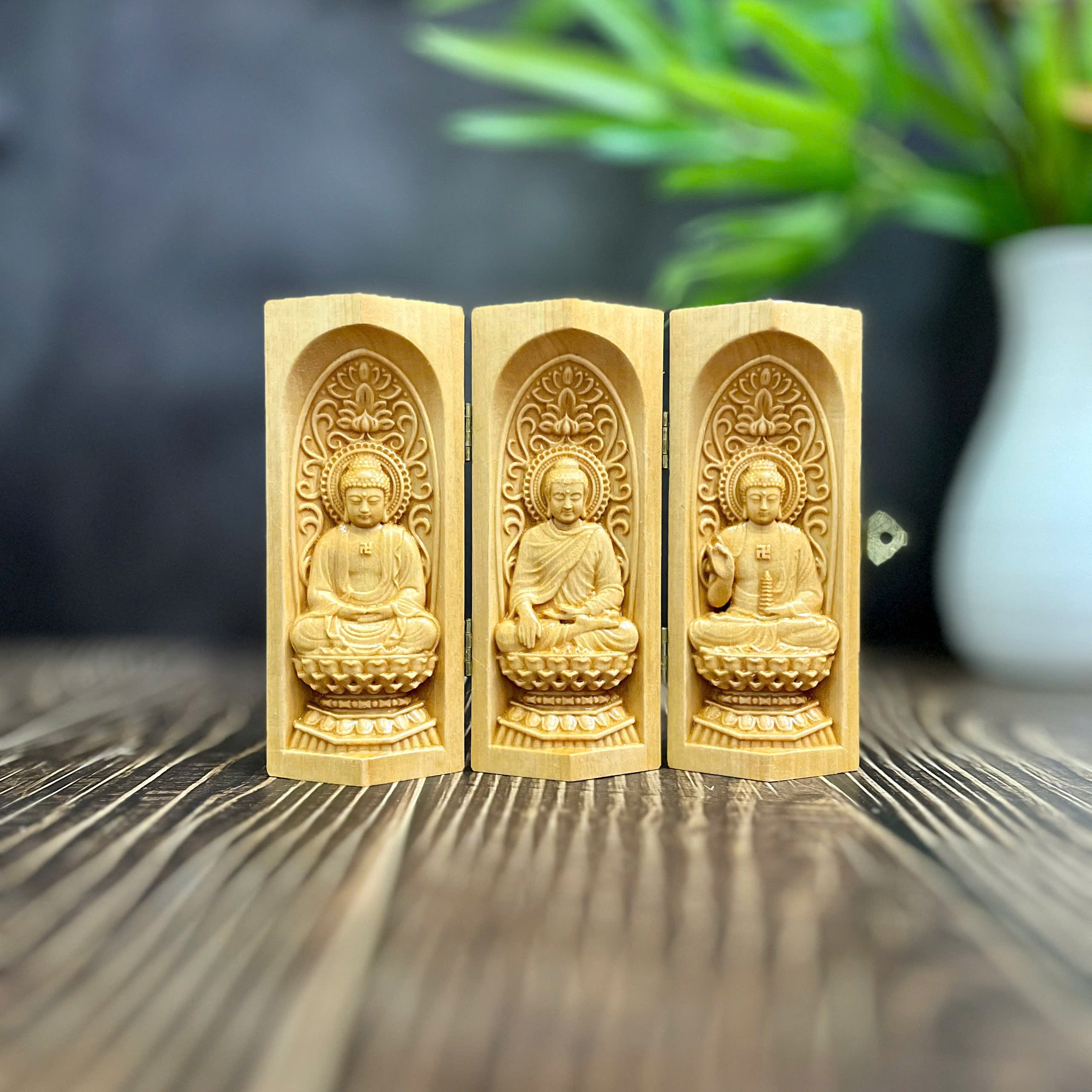 BỘ TƯỢNG PHẬT A DI ĐÀ-PHẬT THÍCH CA-PHẬT DƯỢC SƯ, CAO 13CM, GỖ BỒ ĐỀ