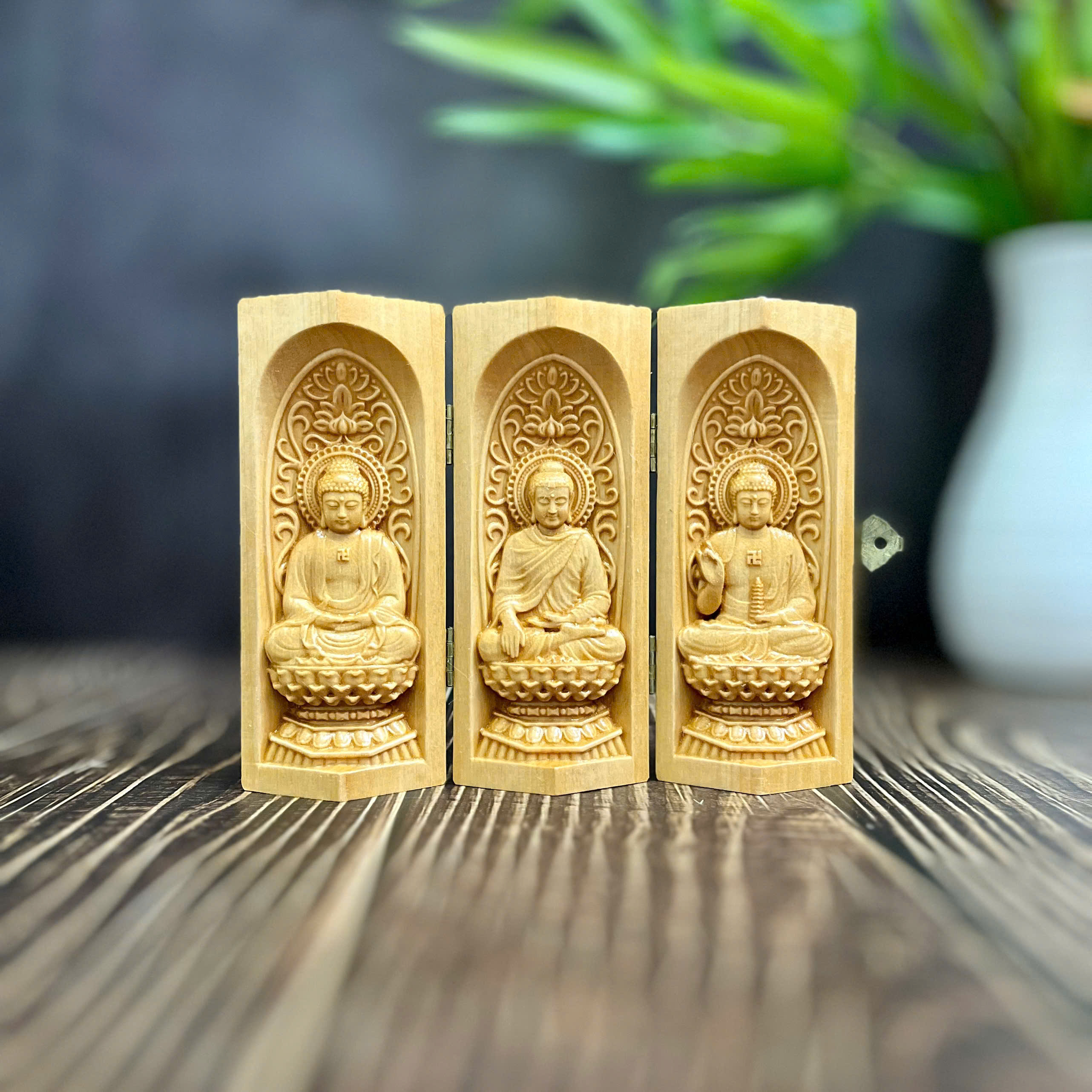 BỘ TƯỢNG PHẬT A DI ĐÀ-PHẬT THÍCH CA-PHẬT DƯỢC SƯ, CAO 13CM, GỖ BỒ ĐỀ