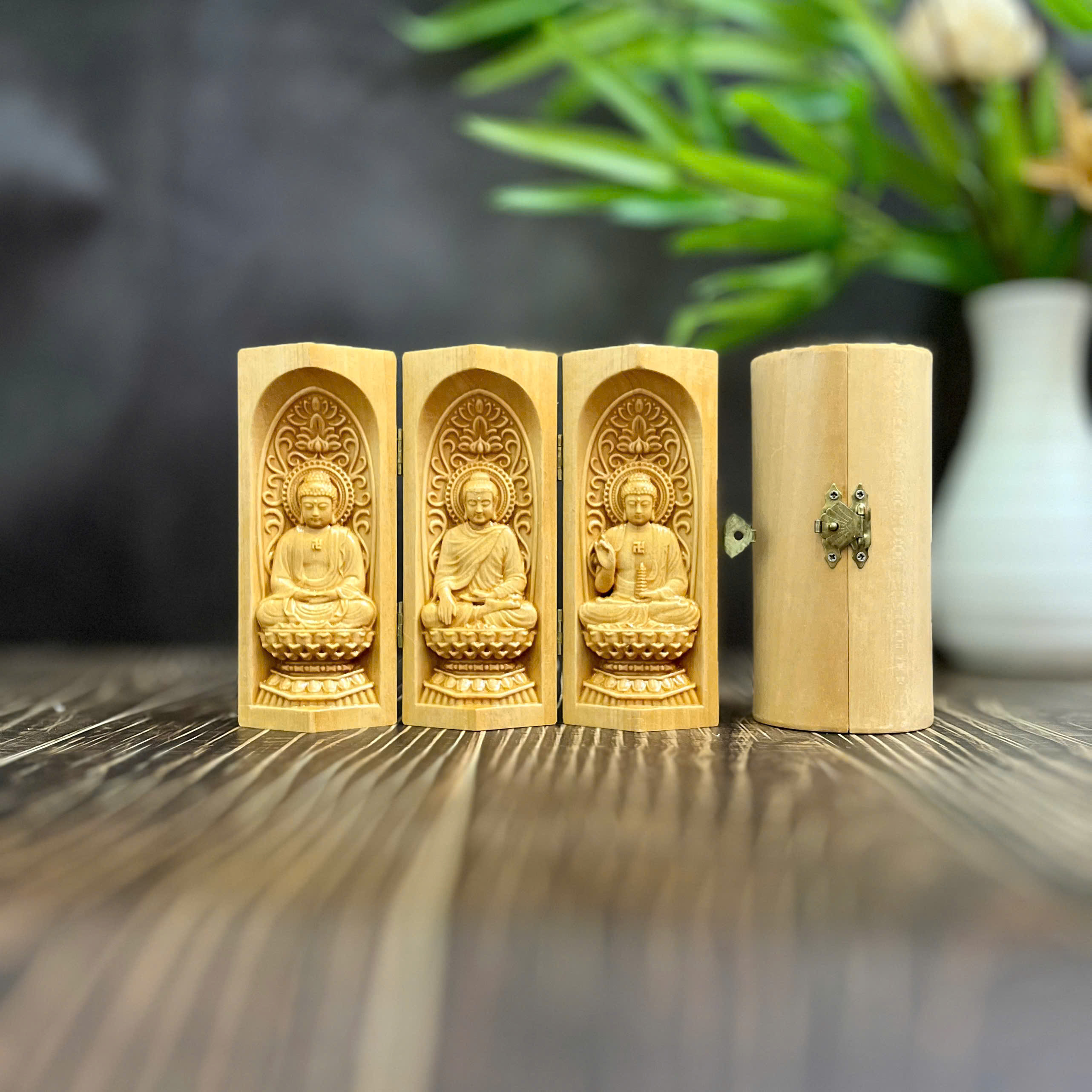 BỘ TƯỢNG PHẬT A DI ĐÀ-PHẬT THÍCH CA-PHẬT DƯỢC SƯ, CAO 13CM, GỖ BỒ ĐỀ