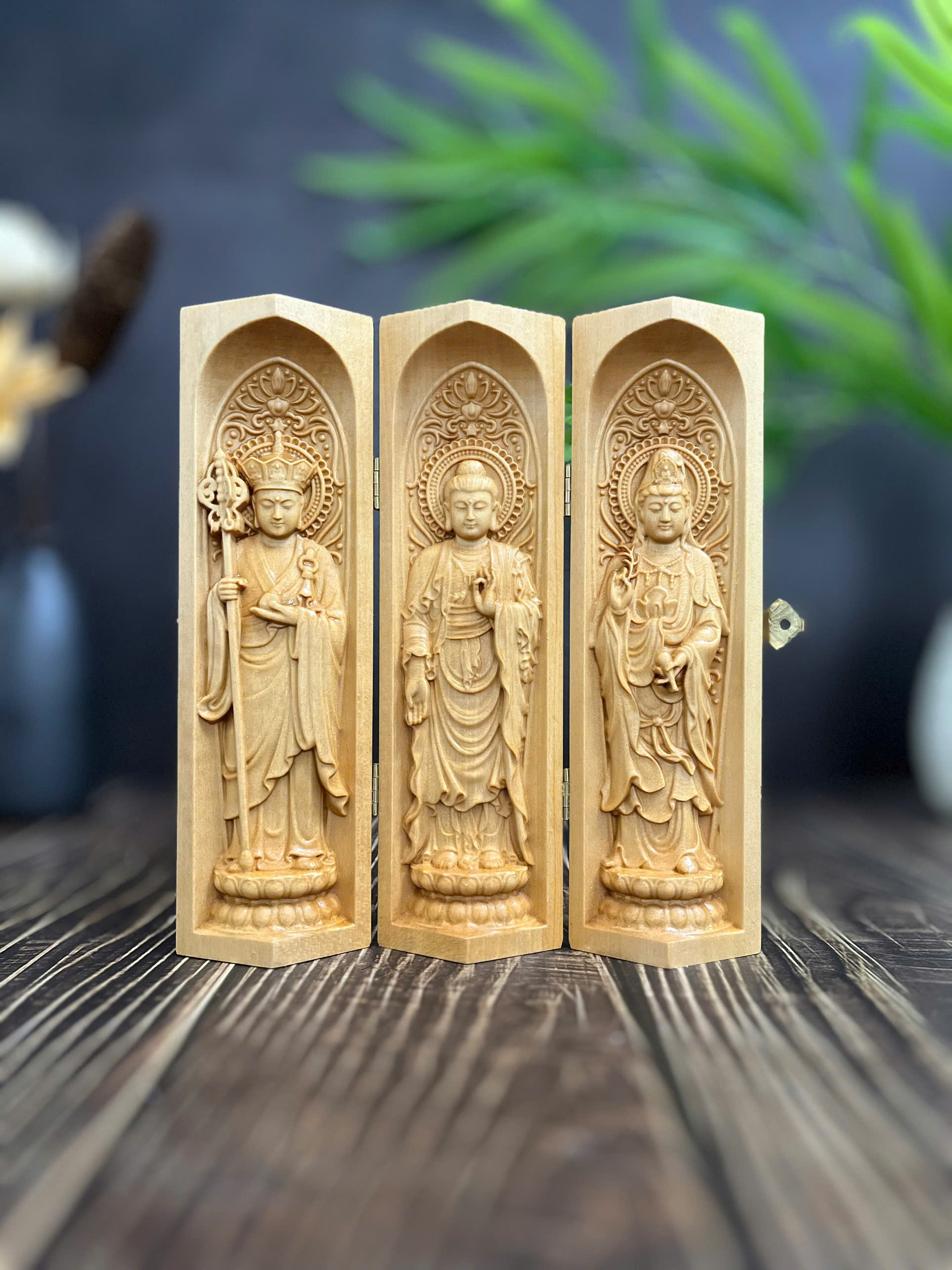 BỘ TƯỢNG ĐỊA TẠNG BỒ TÁT-PHẬT THÍCH CA-QUAN THẾ ÂM BỒ TÁT, CAO 20CM, GỖ BỒ ĐỀ