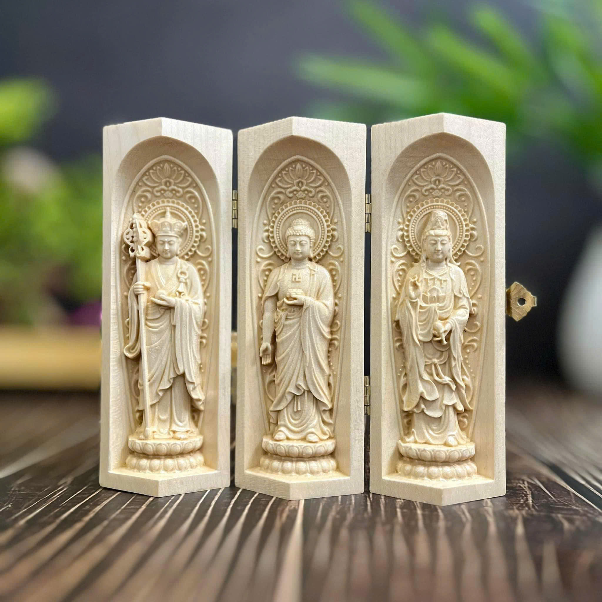 BỘ TƯỢNG ĐỊA TẠNG BỒ TÁT-PHẬT A DI ĐÀ-QUAN ÂM BỒ TÁT CAO 15CM, GỖ MAPLE