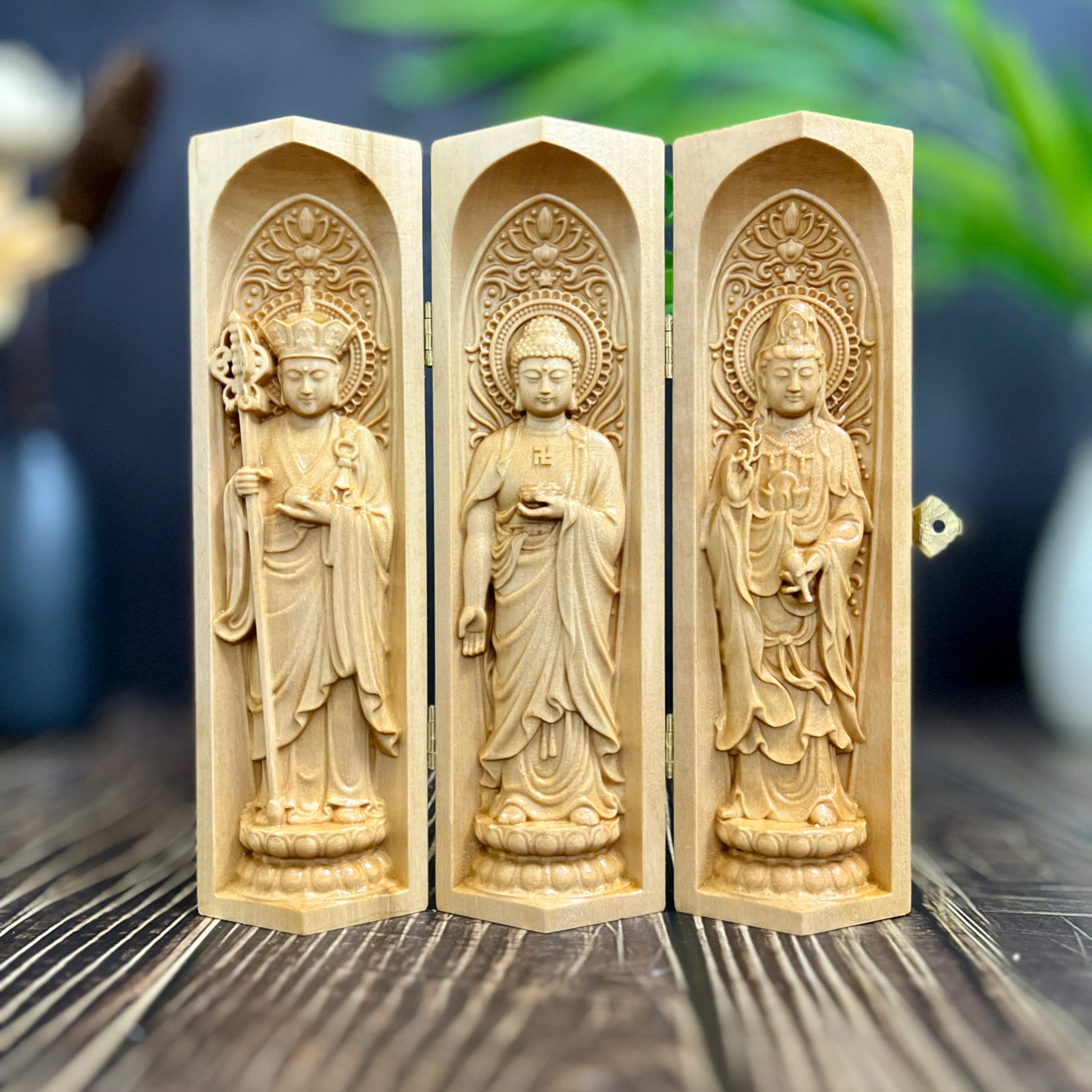 GỖ BỒ ĐỀ 15CM : BỘ TƯỢNG CẦU AN ĐỊA TẠNG - ADIDA - QUAN ÂM