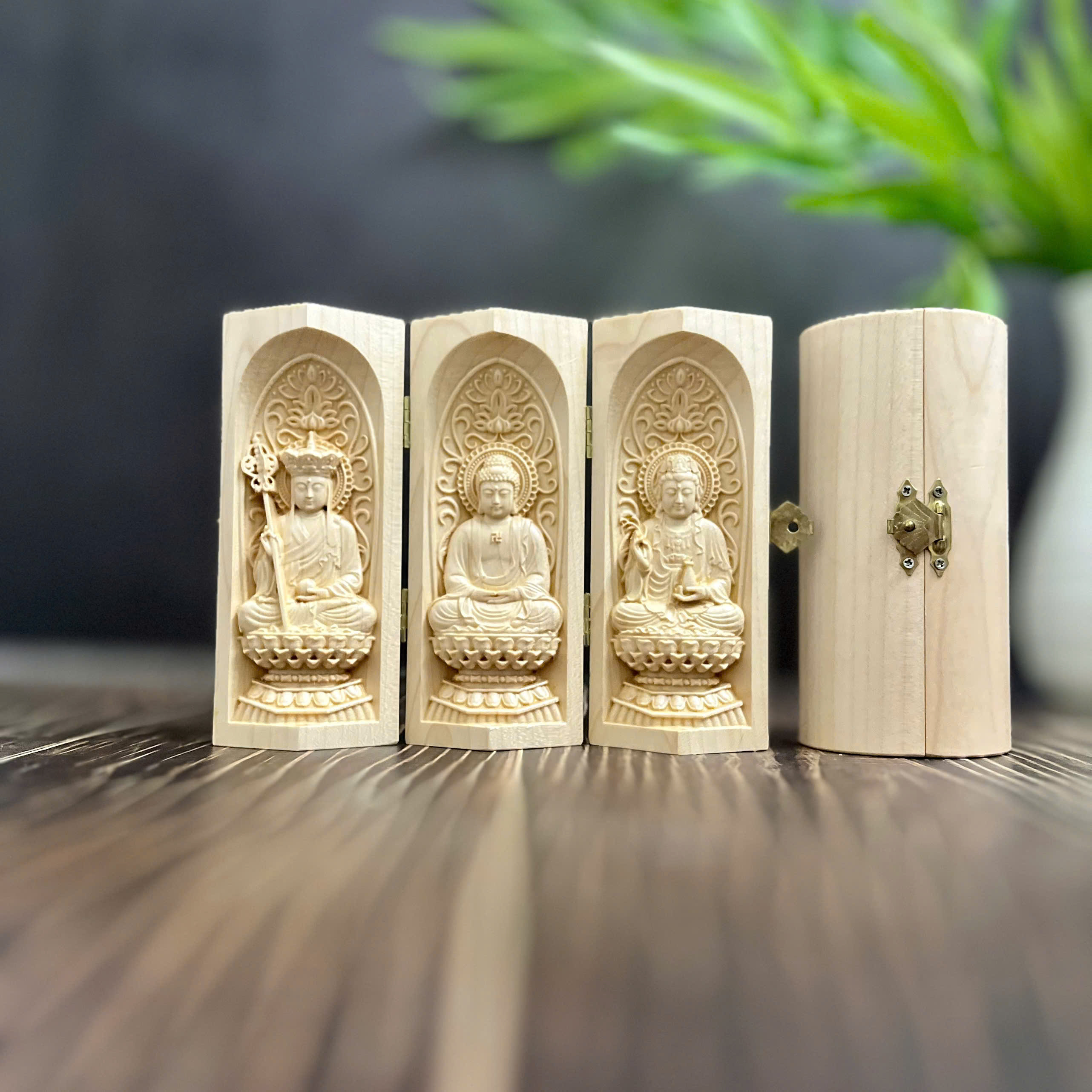 BỘ TƯỢNG ĐỊA TẠNG BỒ TÁT-PHẬT A DI ĐÀ-QUAN THẾ ÂM BỒ TÁT CAO 13CM, GỖ MAPLE