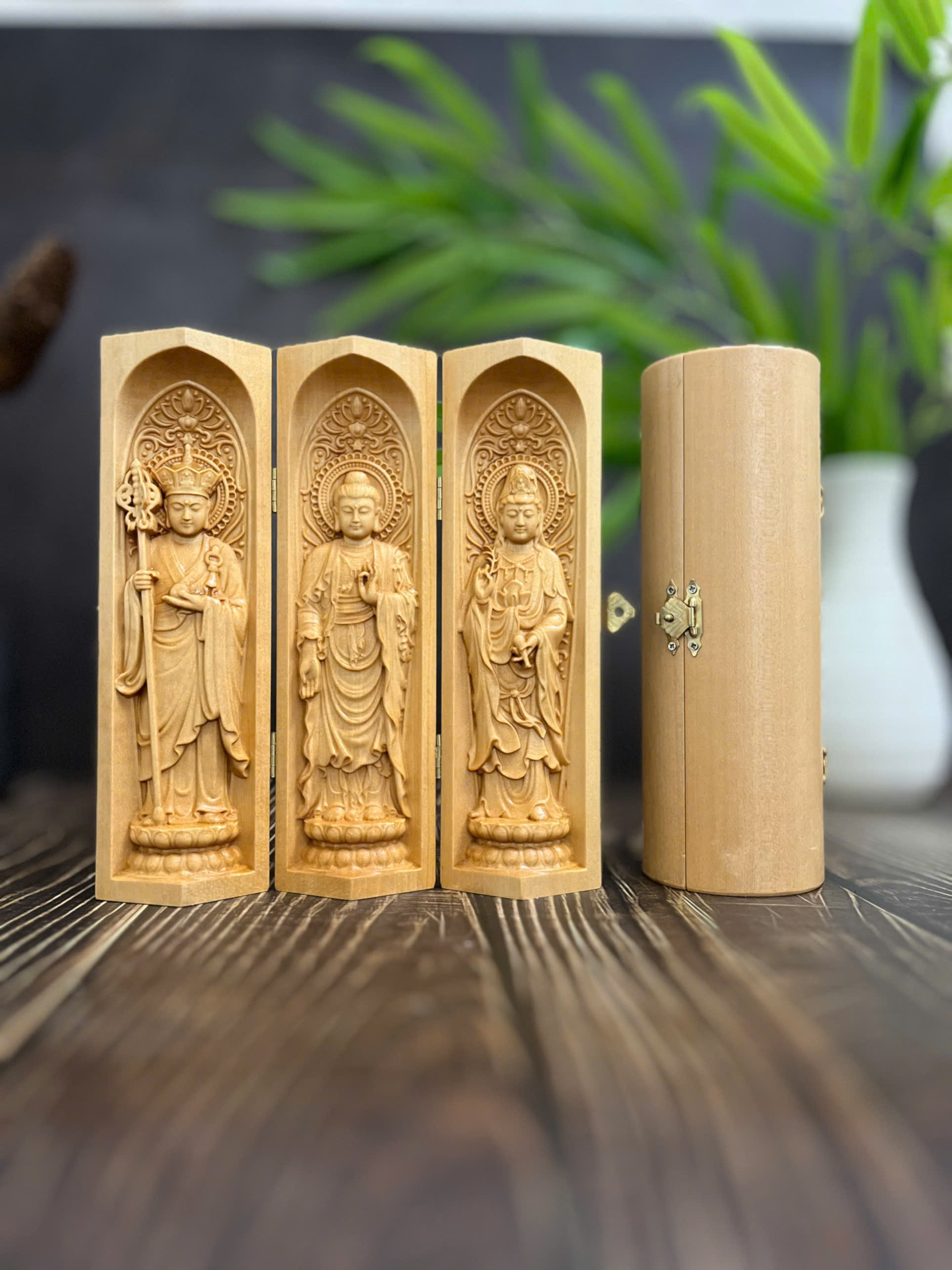 BỘ TƯỢNG ĐỊA TẠNG BỒ TÁT-PHẬT THÍCH CA-QUAN THẾ ÂM BỒ TÁT, CAO 20CM, GỖ BỒ ĐỀ