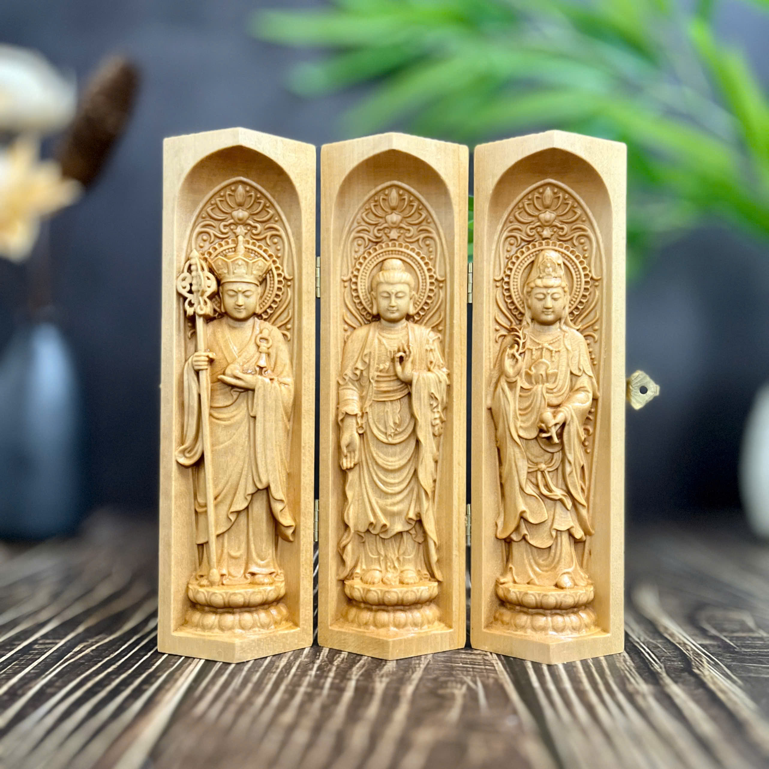 BỘ TƯỢNG ĐỊA TẠNG BỒ TÁT-PHẬT THÍCH CA-QUAN THẾ ÂM BỒ TÁT, CAO 20CM, GỖ BỒ ĐỀ