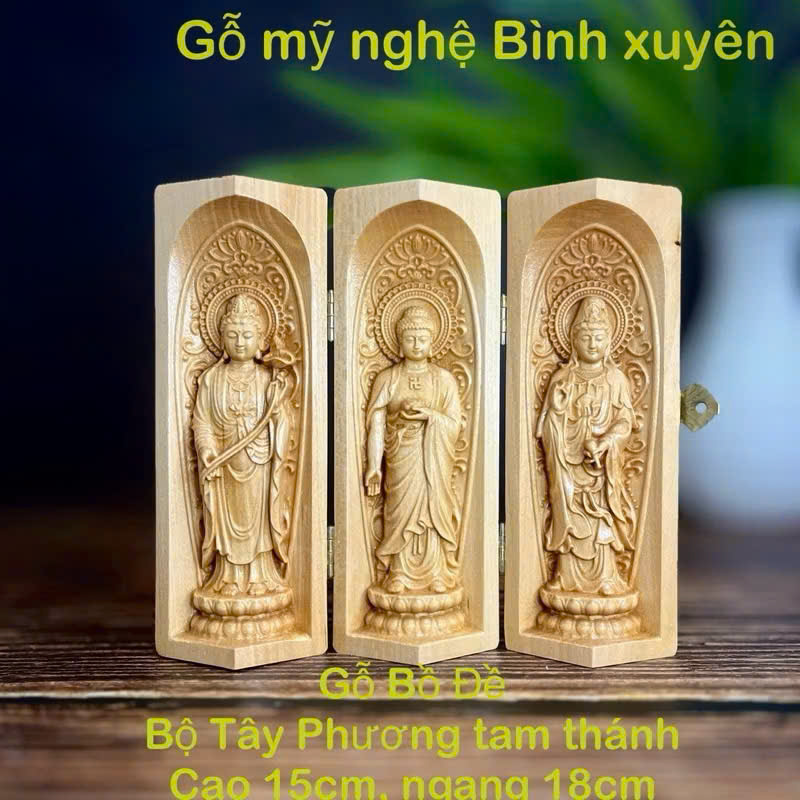 GỖ BỒ ĐỀ 15CM : TÂY PHƯƠNG TAM THÁNH ĐẠI THẾ CHÍ - ADIDA - QUAN ÂM