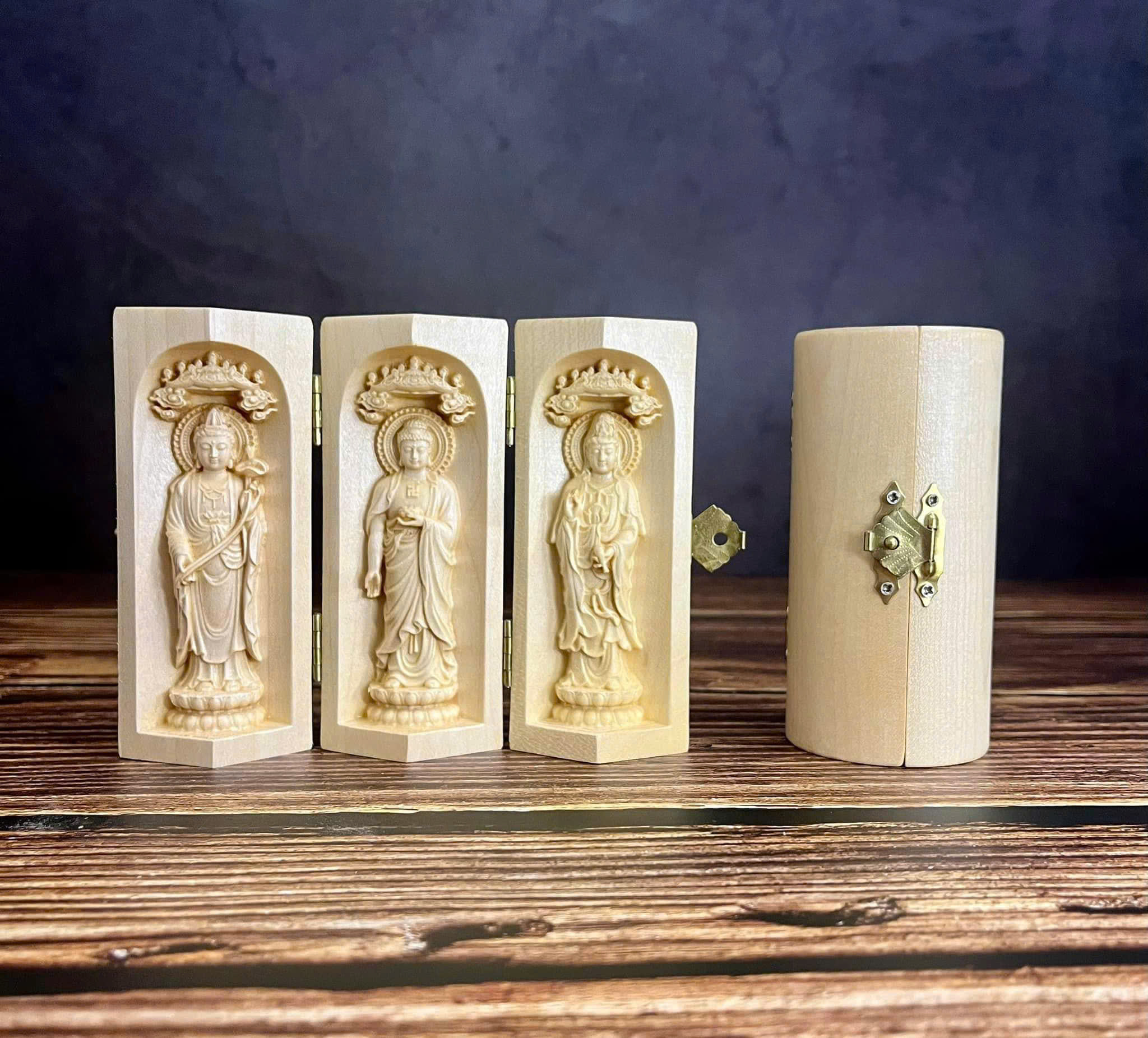 GỖ MAPLE 10CM, BỘ TÂY PHƯƠNG TAM THÁNH ĐẠI THẾ CHÍ - ADIDA - QUAN ÂM