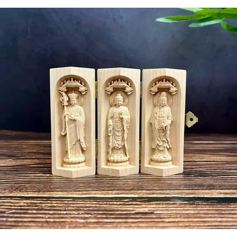 GỖ MAPLE 10CM, BỘ TA BÀ TAM THÁNH ĐỊA TẠNG - THICH CA - QUAN ÂM