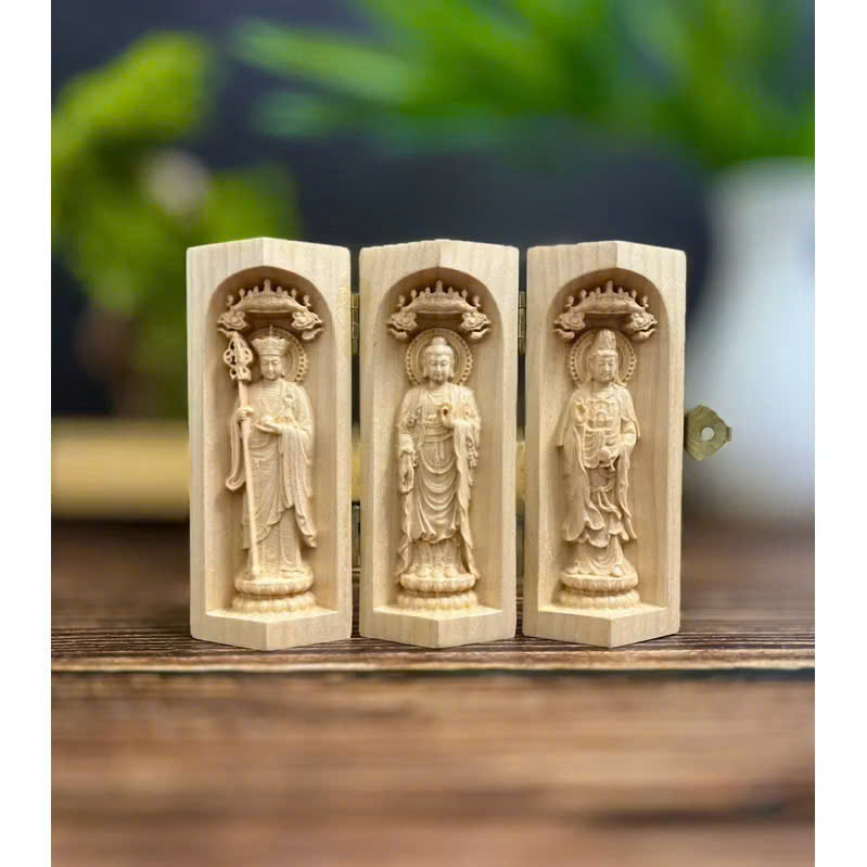 GỖ MAPLE 10CM, BỘ TA BÀ TAM THÁNH ĐỊA TẠNG - THICH CA - QUAN ÂM