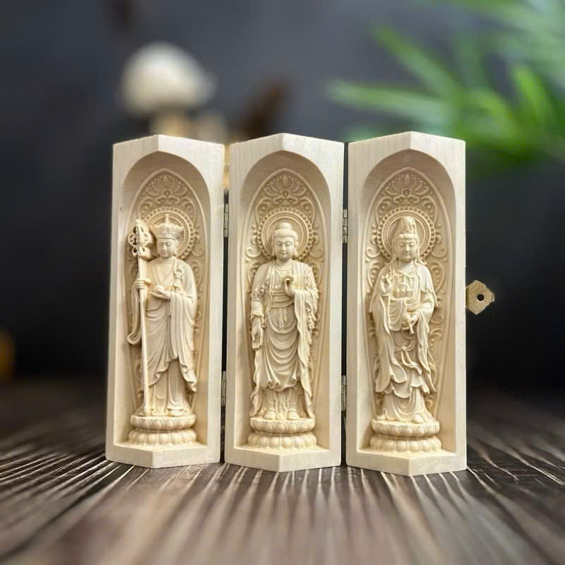 BỘ TƯỢNG TA BÀ TAM THÁNH : ĐỊA TẠNG BỒ TÁT-PHẬT THÍCH CA-QUAN ÂM BỒ TÁT CAO 15CM, GỖ MAPLE