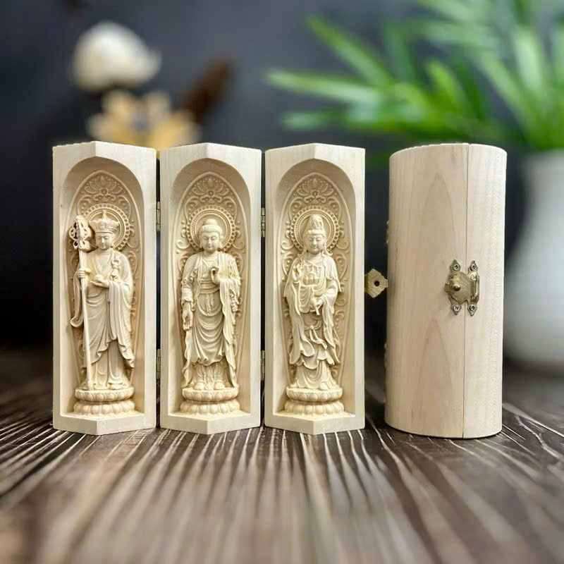 BỘ TƯỢNG TA BÀ TAM THÁNH : ĐỊA TẠNG BỒ TÁT-PHẬT THÍCH CA-QUAN ÂM BỒ TÁT CAO 15CM, GỖ MAPLE