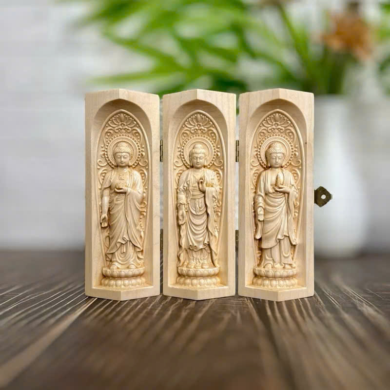 BỘ TƯỢNG HOÀNH TAM THÁNH : PHẬT A DI ĐÀ-PHẬT THÍCH CA-PHẬT DƯỢC SƯ CAO 15CM, GỖ MAPLE