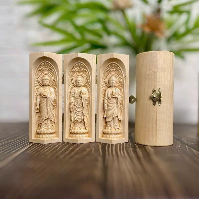 BỘ TƯỢNG HOÀNH TAM THÁNH : PHẬT A DI ĐÀ-PHẬT THÍCH CA-PHẬT DƯỢC SƯ CAO 15CM, GỖ MAPLE