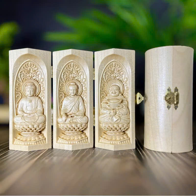 BỘ TƯỢNG PHẬT A DI ĐÀ-PHẬT THÍCH CA-PHẬT DI LẶC CAO 13CM, GÔC MAPLE