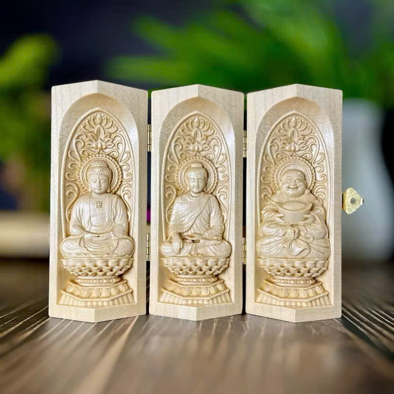 BỘ TƯỢNG PHẬT A DI ĐÀ-PHẬT THÍCH CA-PHẬT DI LẶC CAO 13CM, GÔC MAPLE