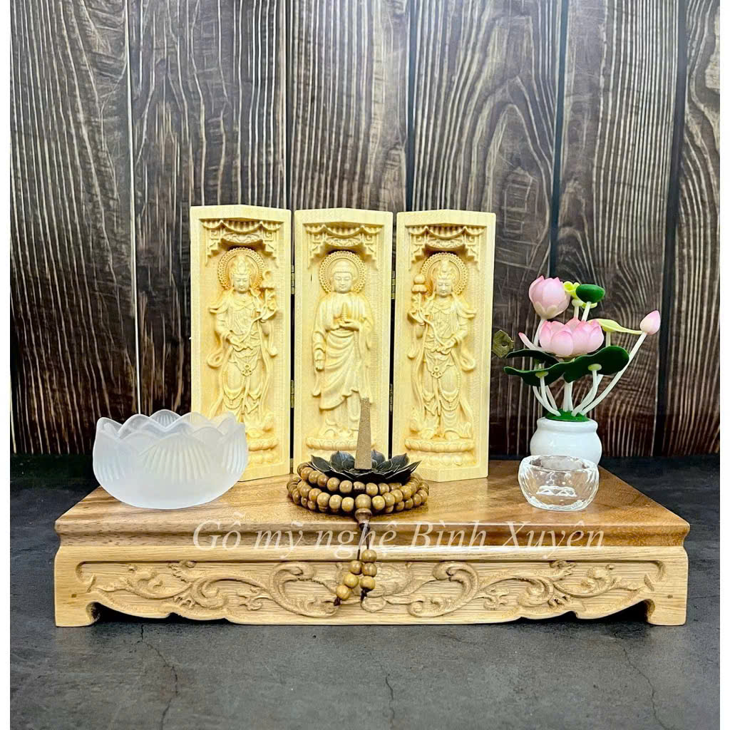 Combo Liên Hoa Tâm Phật gồm đôn gỗ me tây, Bộ tượng Đông Phương Tam Thánh 15cm, gỗ Maple