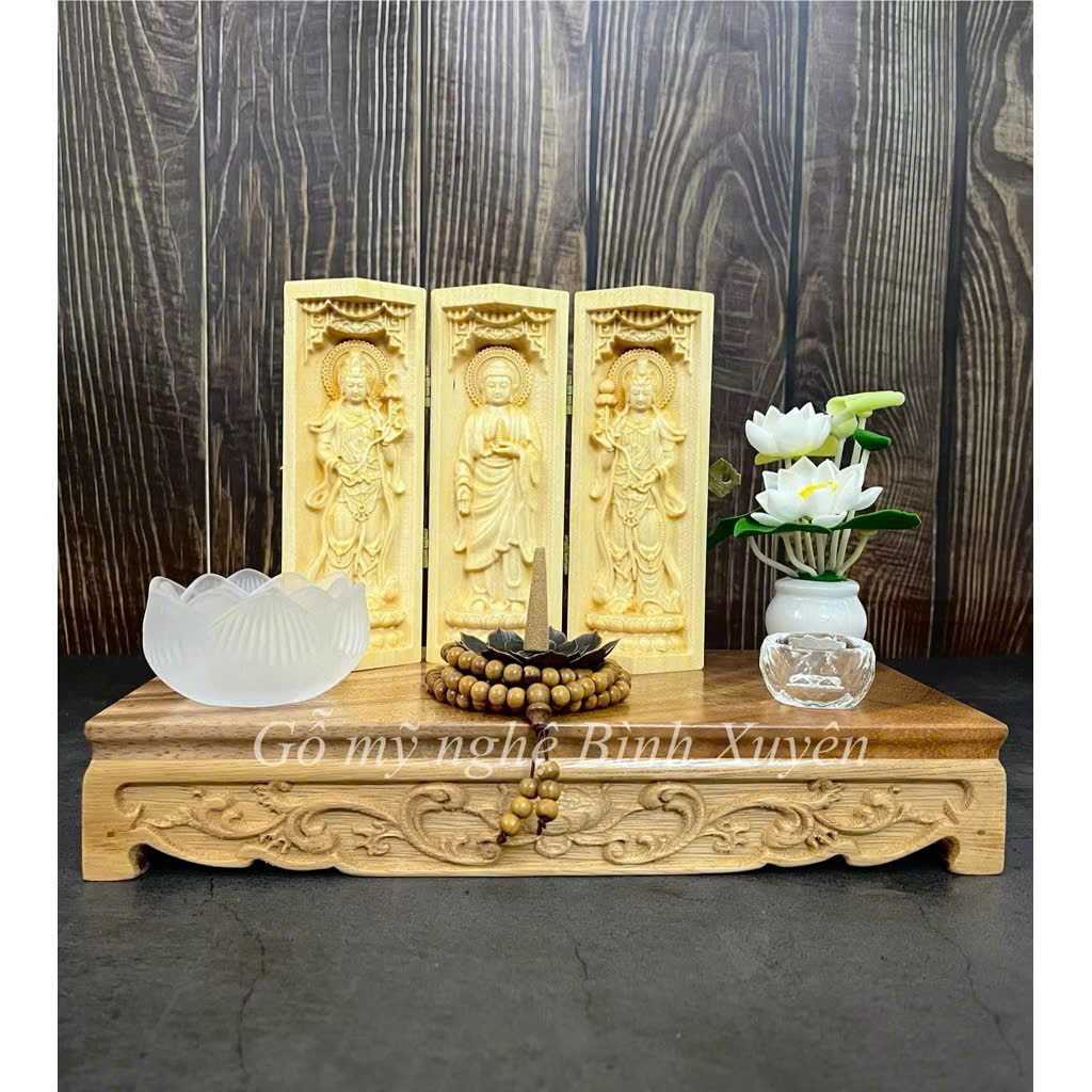 Combo Liên Hoa Tâm Phật gồm đôn gỗ me tây, Bộ tượng Đông Phương Tam Thánh 15cm, gỗ Maple