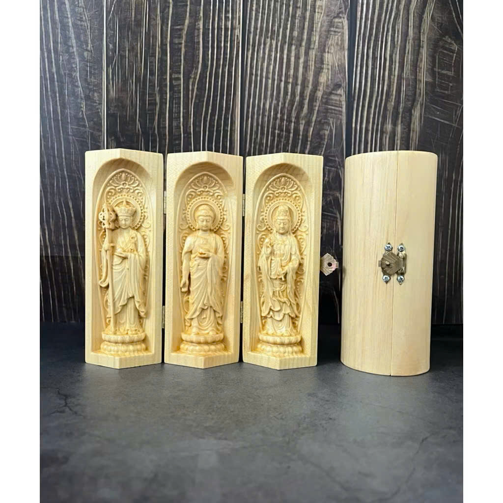 Combo Liên Hoa Tâm Phật gồm đôn gỗ Beech, Bộ tượng  Địa Tạng cao 15cm, gỗ Bồ đề
