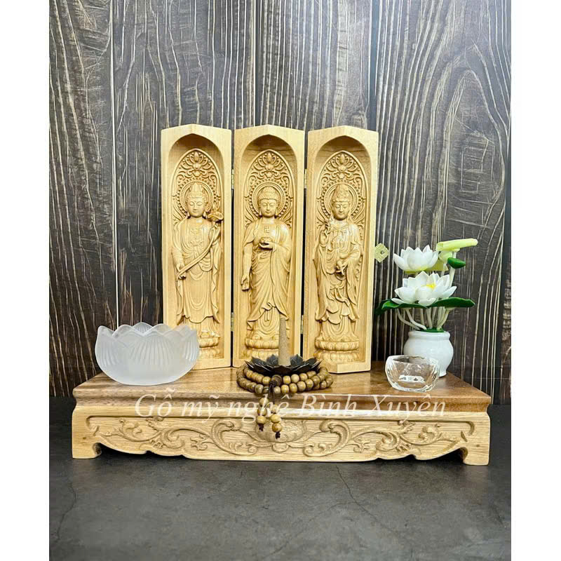 Combo Liên Hoa Tâm Phật gồm đôn gỗ me tây, Bộ tượng Tây Phương Tam Thánh cao 20cm, gỗ bồ đề