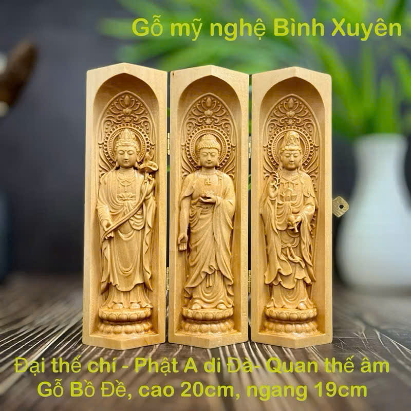 Combo Liên Hoa Tâm Phật gồm đôn gỗ me tây, Bộ tượng Tây Phương Tam Thánh cao 20cm, gỗ bồ đề