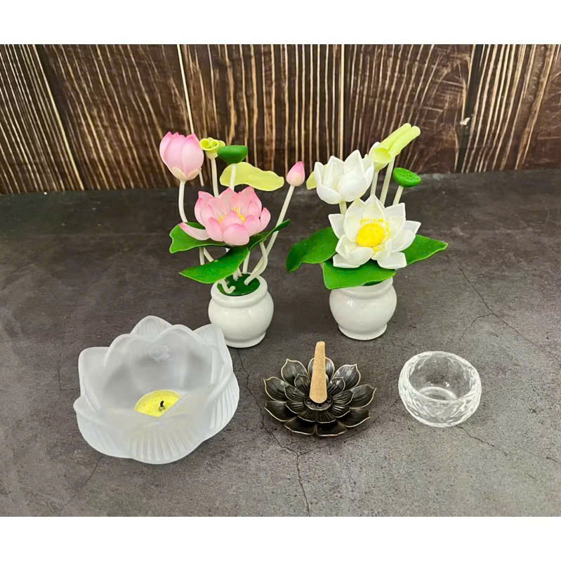 Combo Liên Hoa Tâm Phật gồm đôn gỗ me tây, Bộ tượng Tây Phương Tam Thánh cao 20cm, gỗ bồ đề