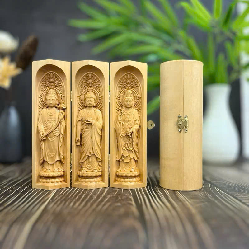 Combo Liên Hoa Tâm Phật gồm đôn gỗ me tây, Bộ tượng Tây Phương Tam Thánh cao 20cm, gỗ bồ đề