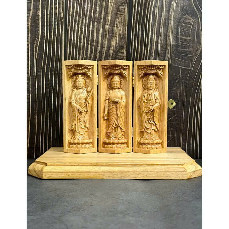 ComBo Liên Hoa Tâm Phật gồm đôn gỗ Beech, Bộ tượng Tây Phương Tam thánh 15cm, gỗ Beech