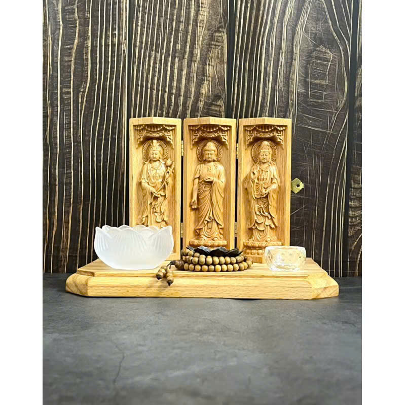 ComBo Liên Hoa Tâm Phật gồm đôn gỗ Beech, Bộ tượng Tây Phương Tam thánh 15cm, gỗ Beech