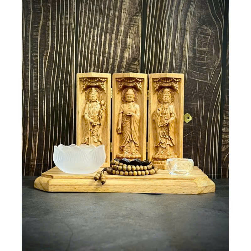 ComBo Liên Hoa Tâm Phật gồm đôn gỗ Beech, Bộ tượng Tây Phương Tam thánh 15cm, gỗ Beech