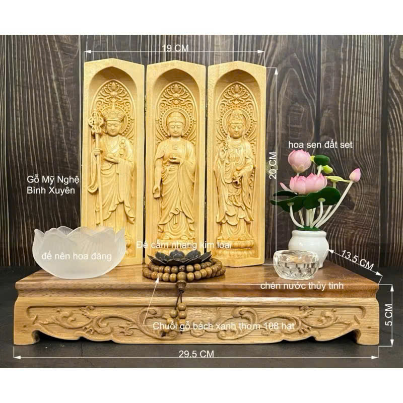 Combo Liên Hoa Tâm Phật gồm đôn gỗ me tây và bộ tượng Địa Tạng cao 20cm, gỗ bồ đề