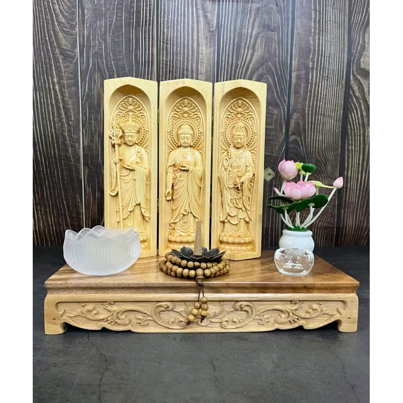 Combo Liên Hoa Tâm Phật gồm đôn gỗ me tây và bộ tượng Địa Tạng cao 20cm, gỗ bồ đề