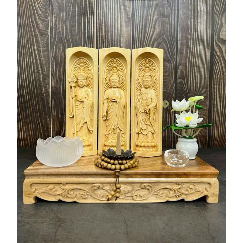 Combo Liên Hoa Tâm Phật gồm đôn gỗ me tây và bộ tượng Địa Tạng cao 20cm, gỗ bồ đề