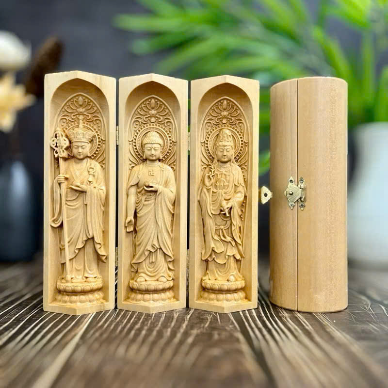 Combo Liên Hoa Tâm Phật gồm đôn gỗ me tây và bộ tượng Địa Tạng cao 20cm, gỗ bồ đề