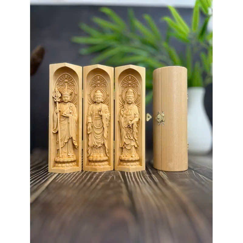 Combo Liên Hoa Tâm Phật gồm đôn gỗ me tây, bộ tượng Ta Bà Tam Thánh 20cm, gỗ bồ đề