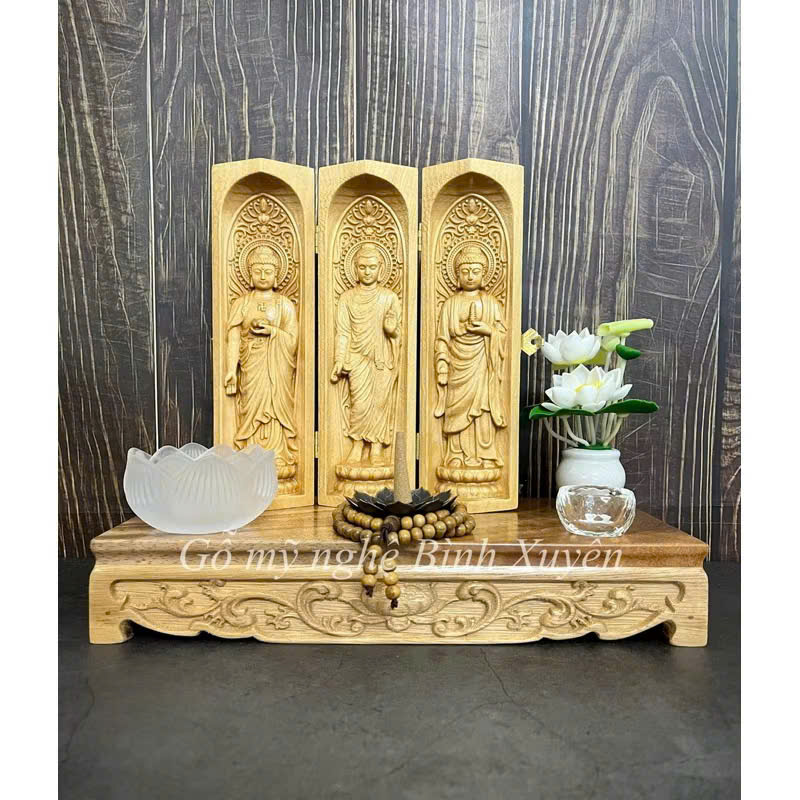 Combo Liên Hoa Tâm Phật Bộ tượng Hoành Tam Thánh cao 20cm gỗ bồ đề, đôn gỗ me tây
