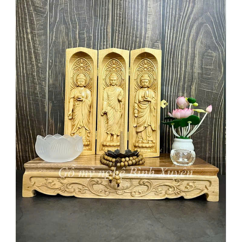 Combo Liên Hoa Tâm Phật Bộ tượng Hoành Tam Thánh cao 20cm gỗ bồ đề, đôn gỗ me tây