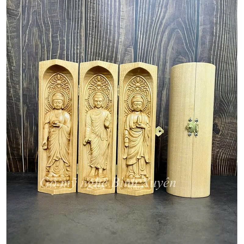 Combo Liên Hoa Tâm Phật Bộ tượng Hoành Tam Thánh cao 20cm gỗ bồ đề, đôn gỗ me tây