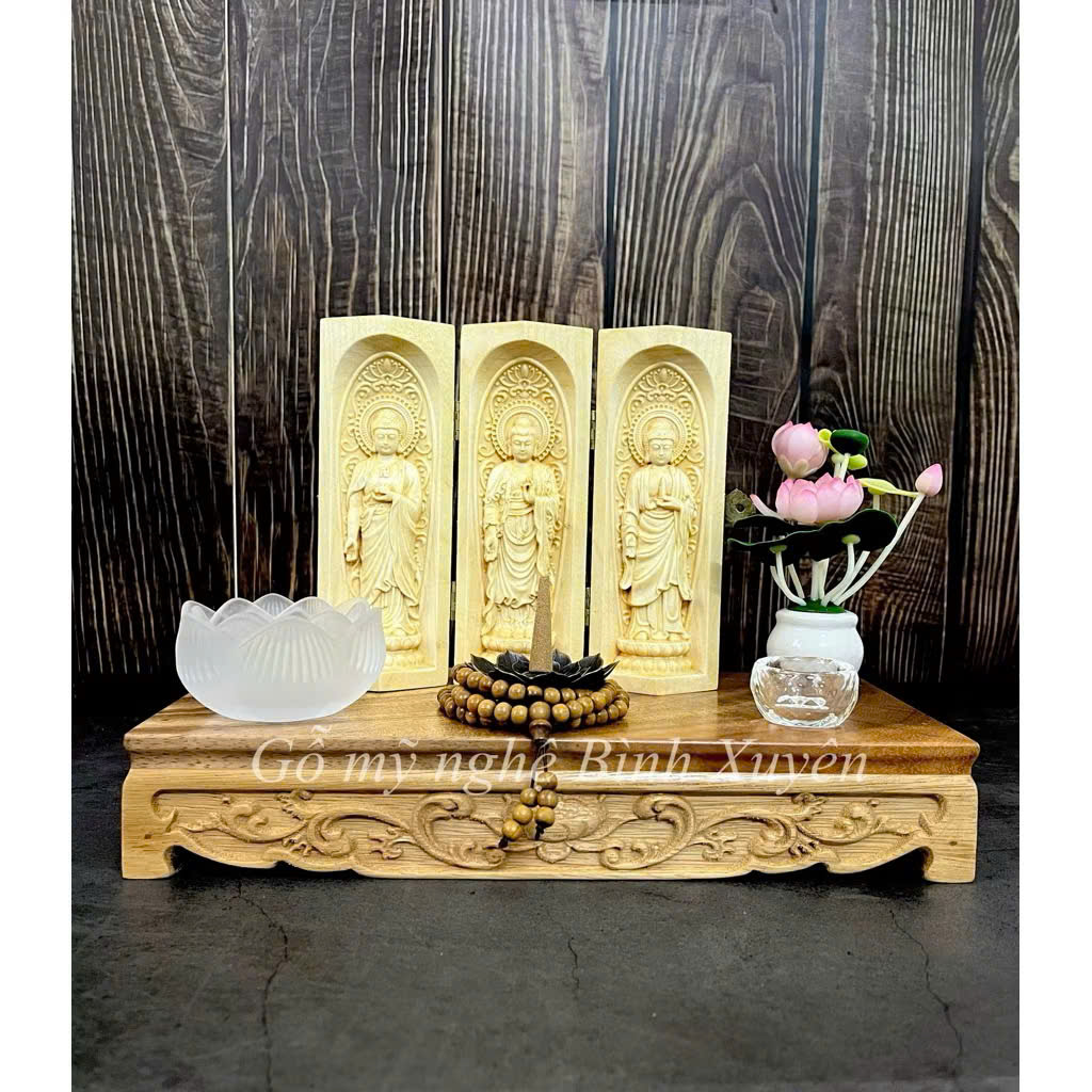 Combo Liên Hoa Tâm Phật gồm đôn gỗ me tây, bộ tượng 15cm, gỗ bồ đề