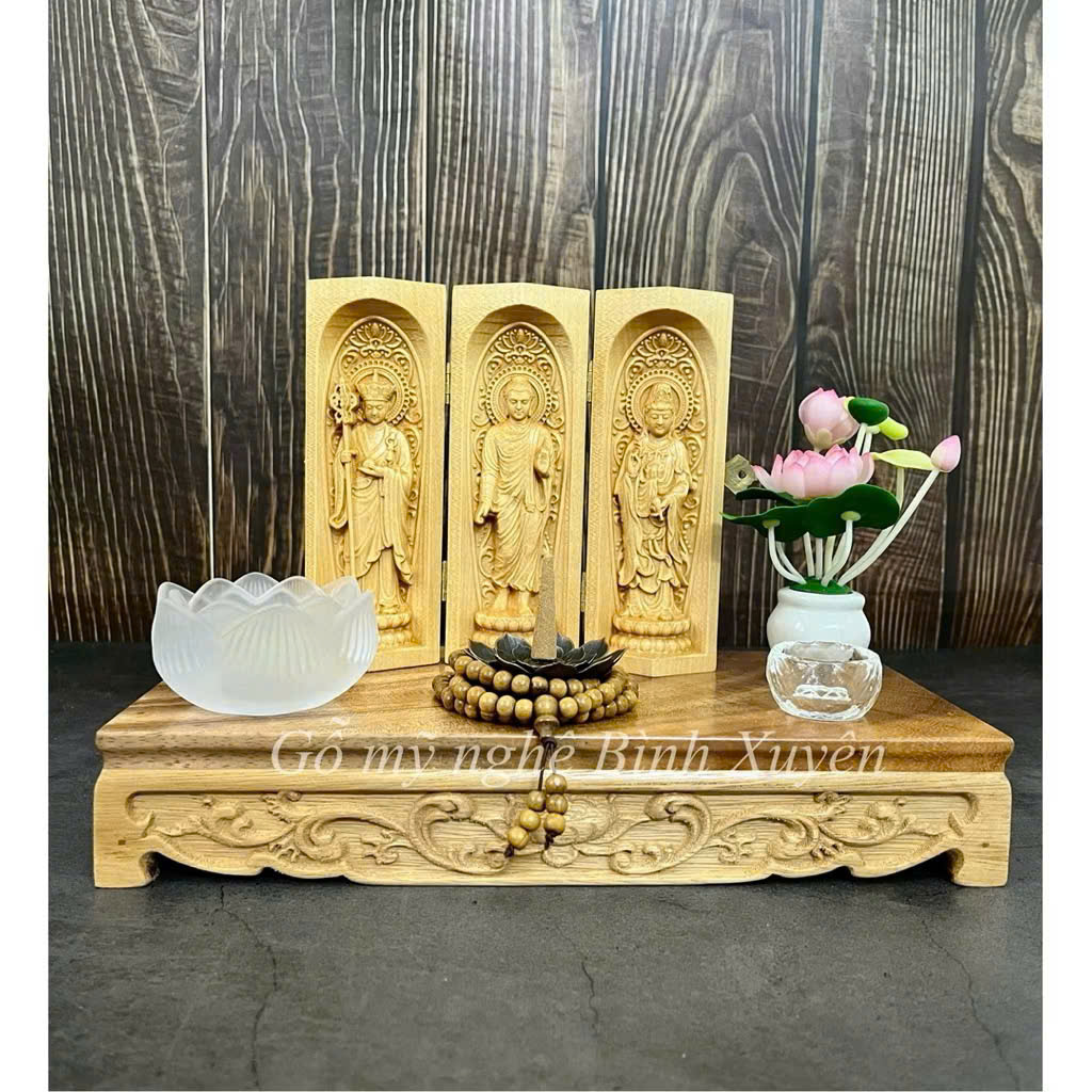 Combo Liên Hoa Tâm Phật gồm đôn gỗ me tây, bộ tượng 15cm, gỗ bồ đề