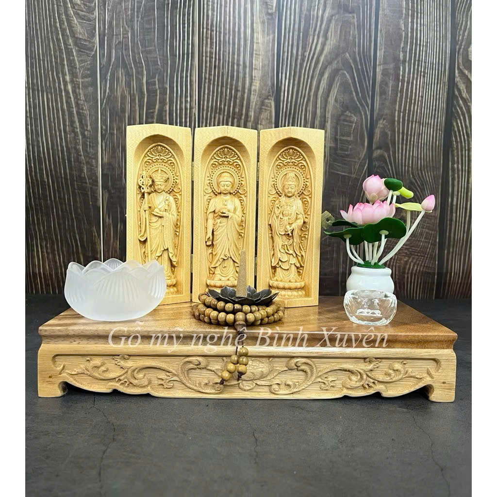 Combo Liên Hoa Tâm Phật gồm đôn gỗ me tây, bộ tượng 15cm, gỗ bồ đề