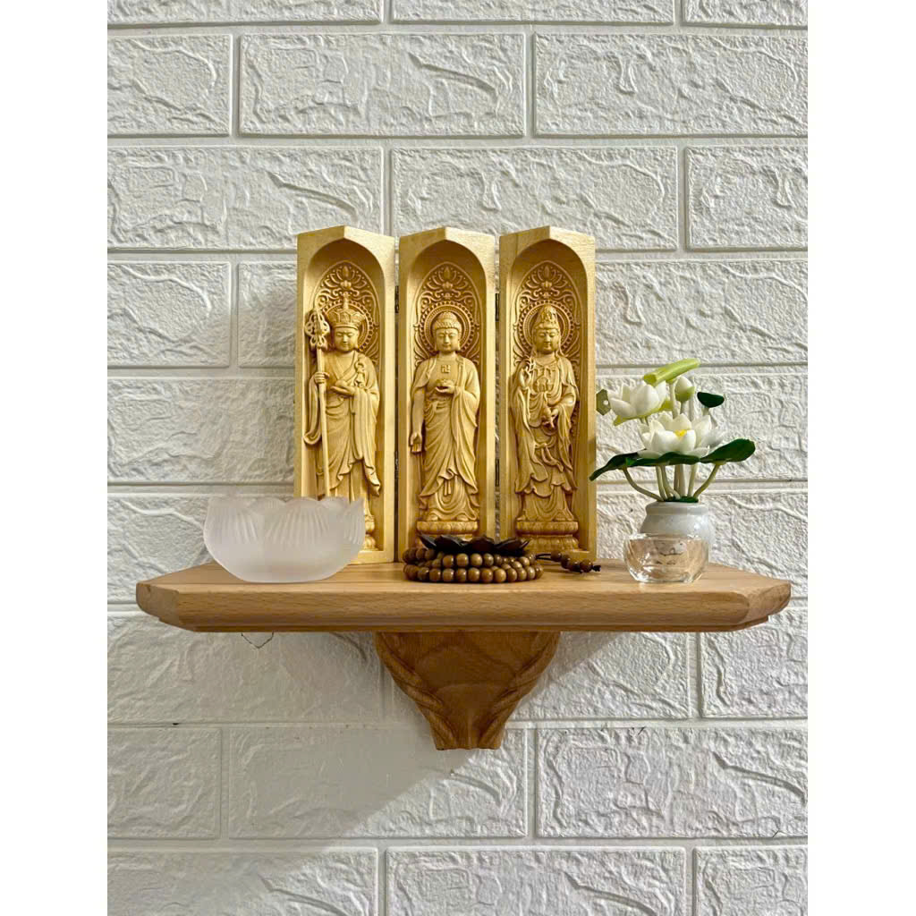 Combo Liên Hoa Tâm Phật gồm kệ treo tường gỗ Beech, bộ tượng 20cm, gỗ bồ đề
