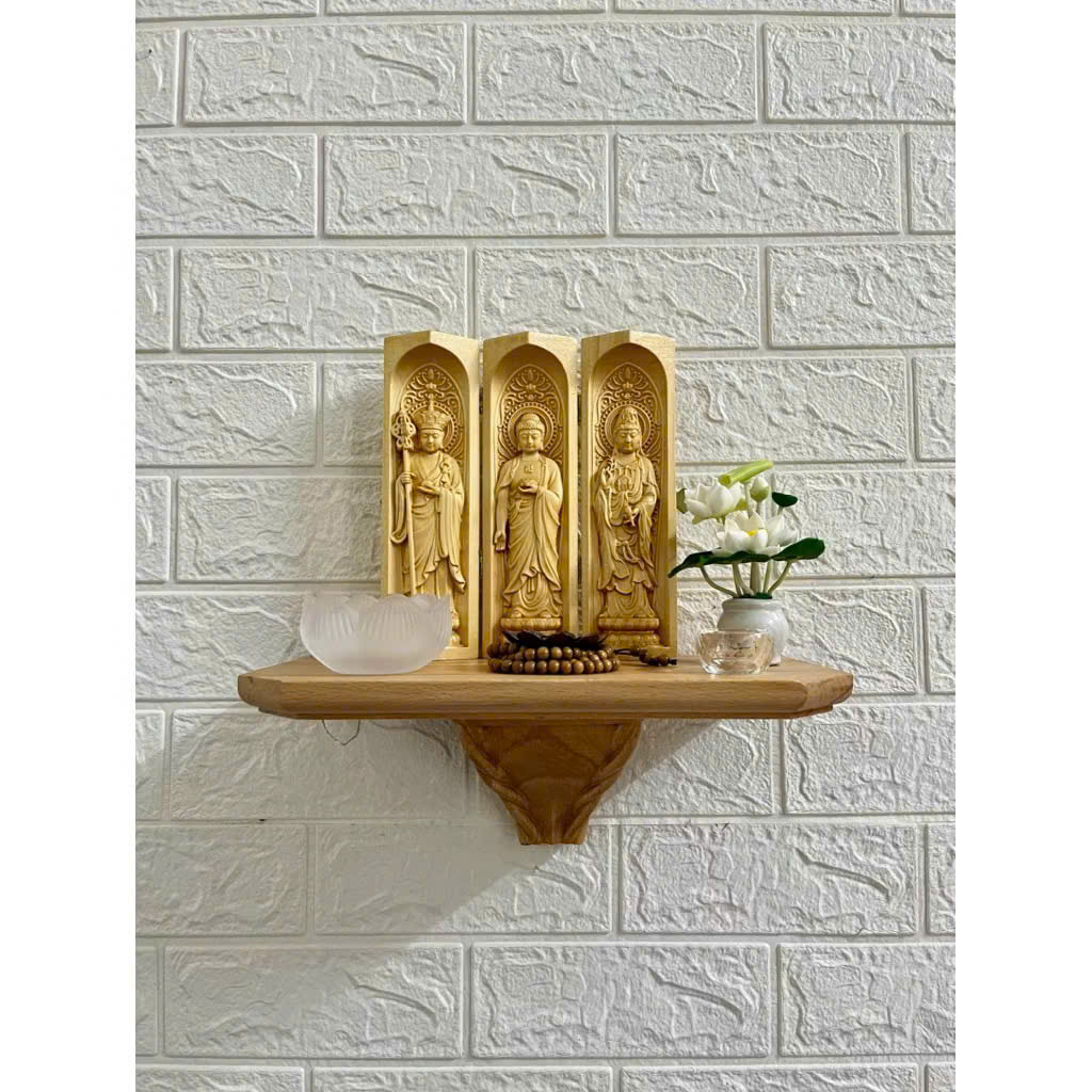 Combo Liên Hoa Tâm Phật gồm kệ treo tường gỗ Beech, bộ tượng 20cm, gỗ bồ đề