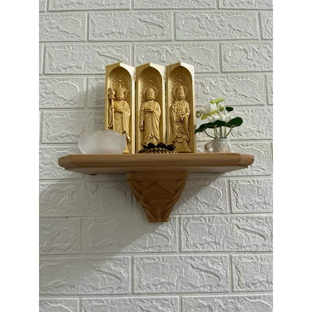 Combo Liên Hoa Tâm Phật gồm kệ treo tường gỗ Beech, bộ tượng 20cm, gỗ bồ đề