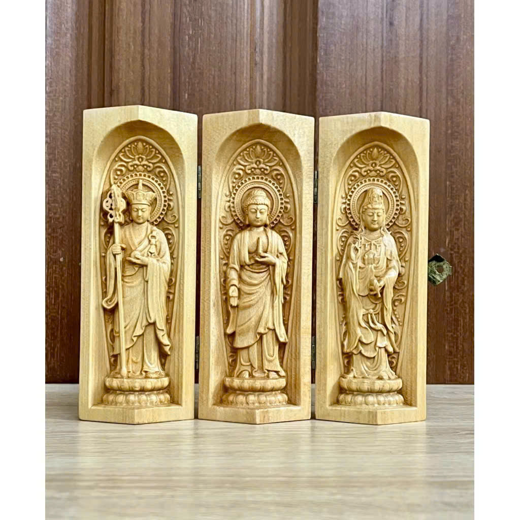 Combo Liên Hoa Tâm Phật gồm đôn gỗ Beech, Bộ tượng  Địa Tạng Bồ Tát - Phật Dược Sư - Quan Âm Bồ Tát cao 15cm, gỗ Bồ đề