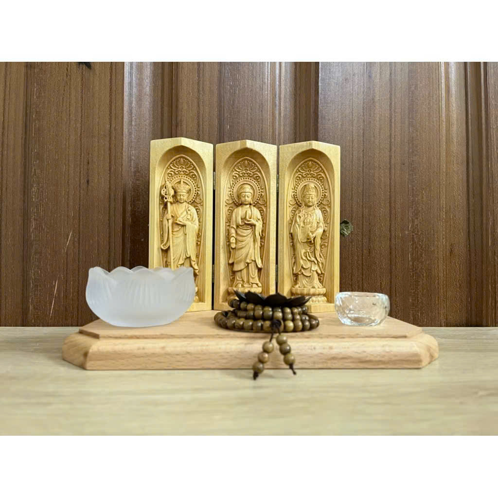 Combo Liên Hoa Tâm Phật gồm đôn gỗ Beech, Bộ tượng  Địa Tạng Bồ Tát - Phật Dược Sư - Quan Âm Bồ Tát cao 15cm, gỗ Bồ đề